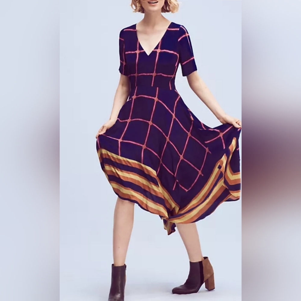 HD In Paris Windowpane Striped Handkerchief Hem Midi Dress 6 Elegant Casual Chic
